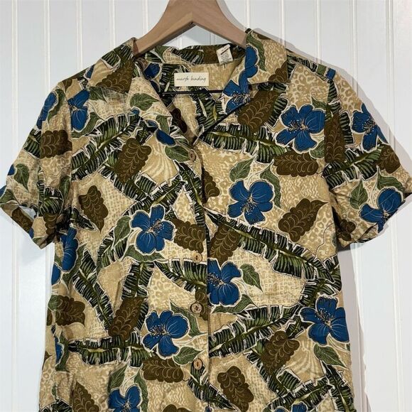 Marsh Landing Rayon Hawaiian Shirt Small Blue Green Floral Tropical Button Up - Picture 2 of 9